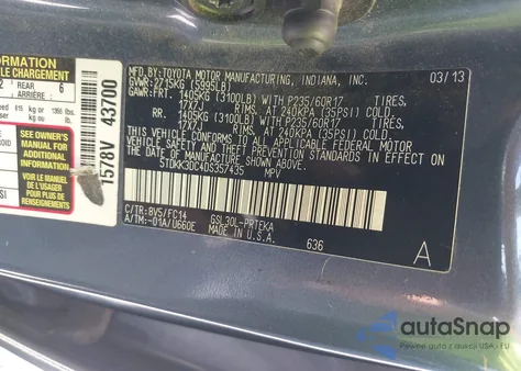 2013 Toyota Sienna Le V6 8 Passenger из США, поврежденный, VIN 5TDKK3DC4DS357435